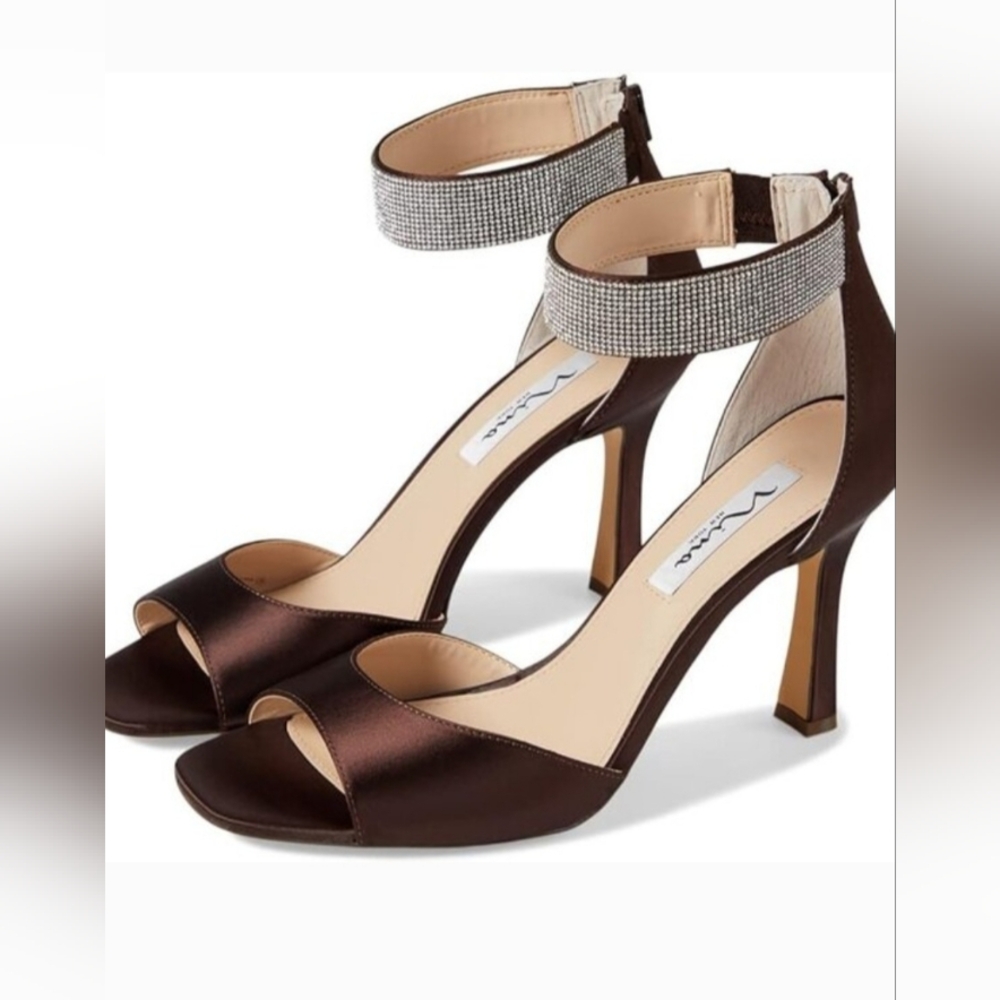 ❣️💕Womens Nina Dark Chocolate Crystal Ankle Strap 3.5" Heels - Size 8.5❣️💞
